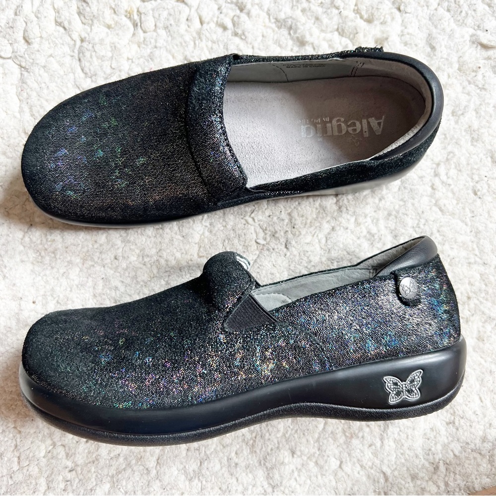 Alegria KEL-674 Black Metallic Sparkly Slip Resistant Work Clogs Sz 37